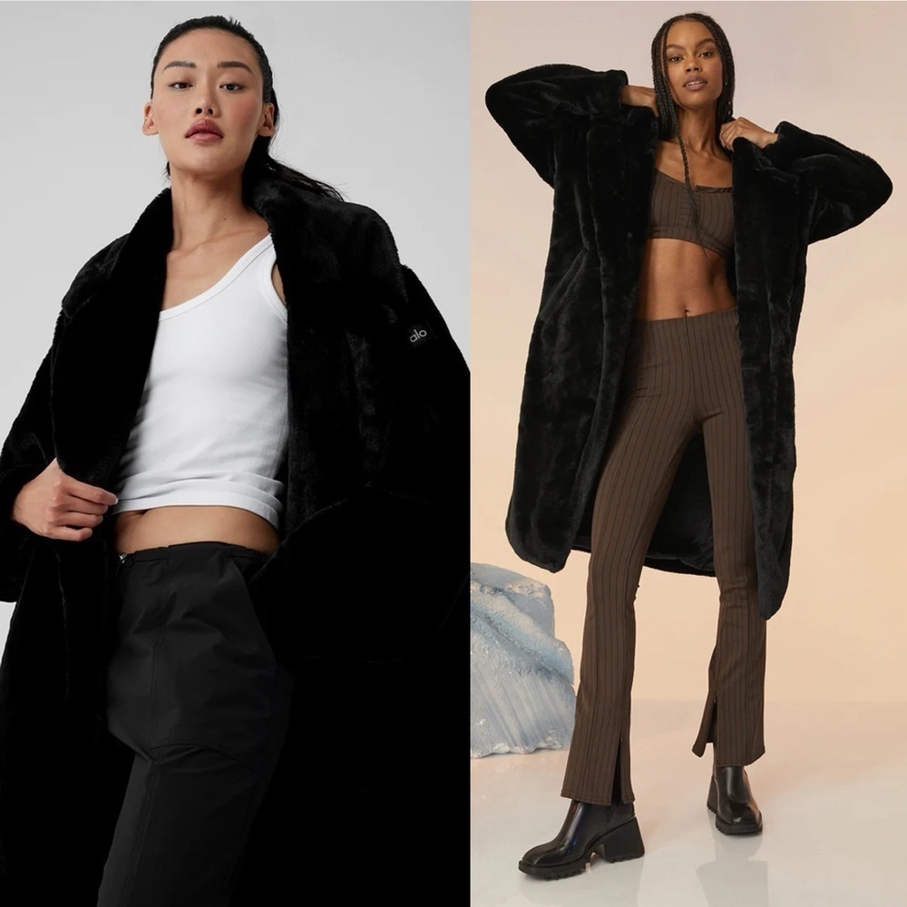 ALO Yoga Oversized Faux Fur Trench Coat Zippered Pockets Black